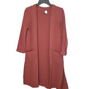 H&M Divided Burgundy Long Knit Cardigan Sz 2 XS Open Front Side‎ Split Duster